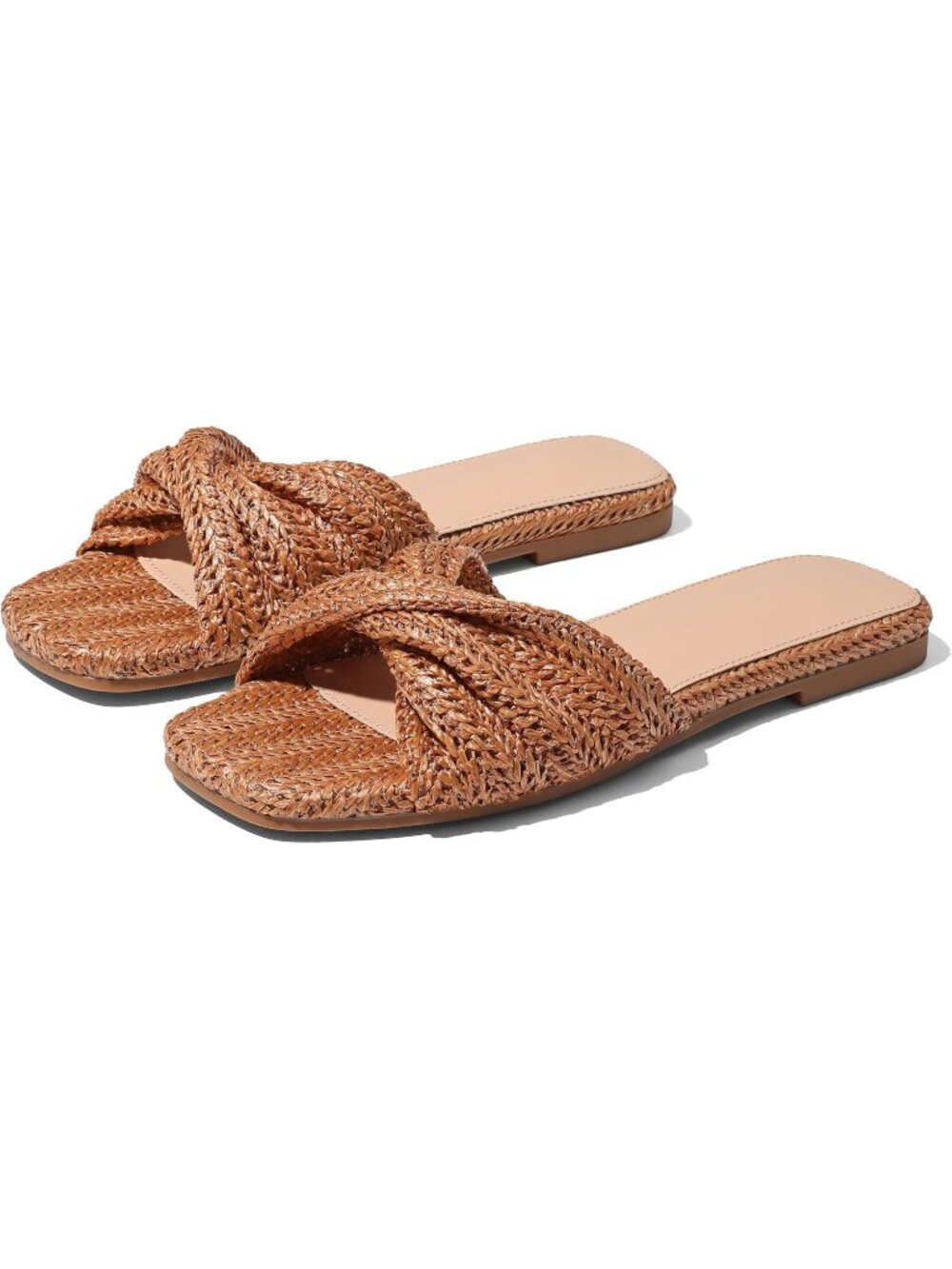 🆕Women's Brown Raffia Flat Sandals Straw Woven Slides Summer Beach Shoes